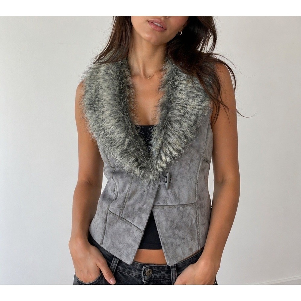 Altar'd State Faux Fur Suede GRAY Patched Asymmetrical Vest Size Medium